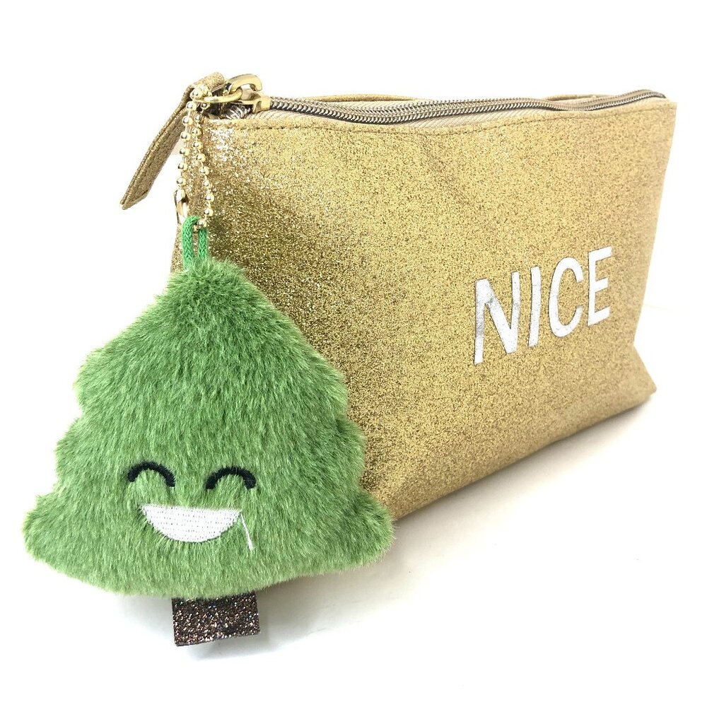 Bath & Body Works Gold Glitter "Nice" Cosmetic Bag with Plush Christmas Tree NEW